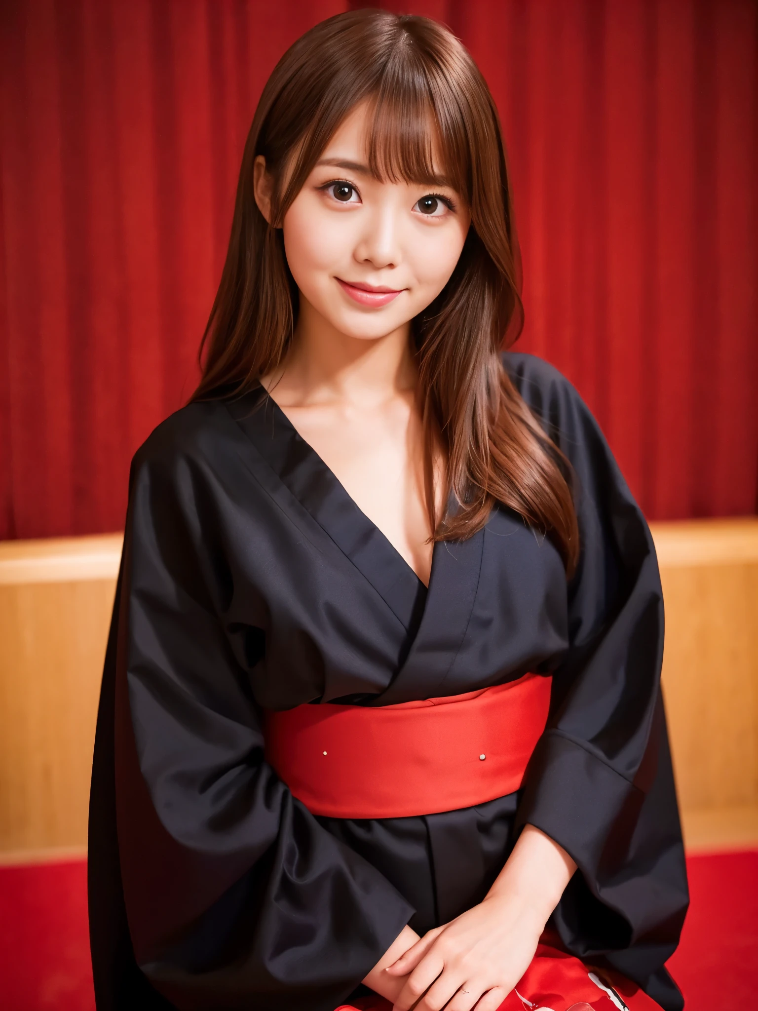 A beautiful Japanese shy girl, 18 years old, short brown hair, brown big eyes, shiny lip, shiny hair, ecstatic expression, wearing black & red Japanese Kimono, in Japanese castle room, The background is very blurry, Bowing and sitting upright,