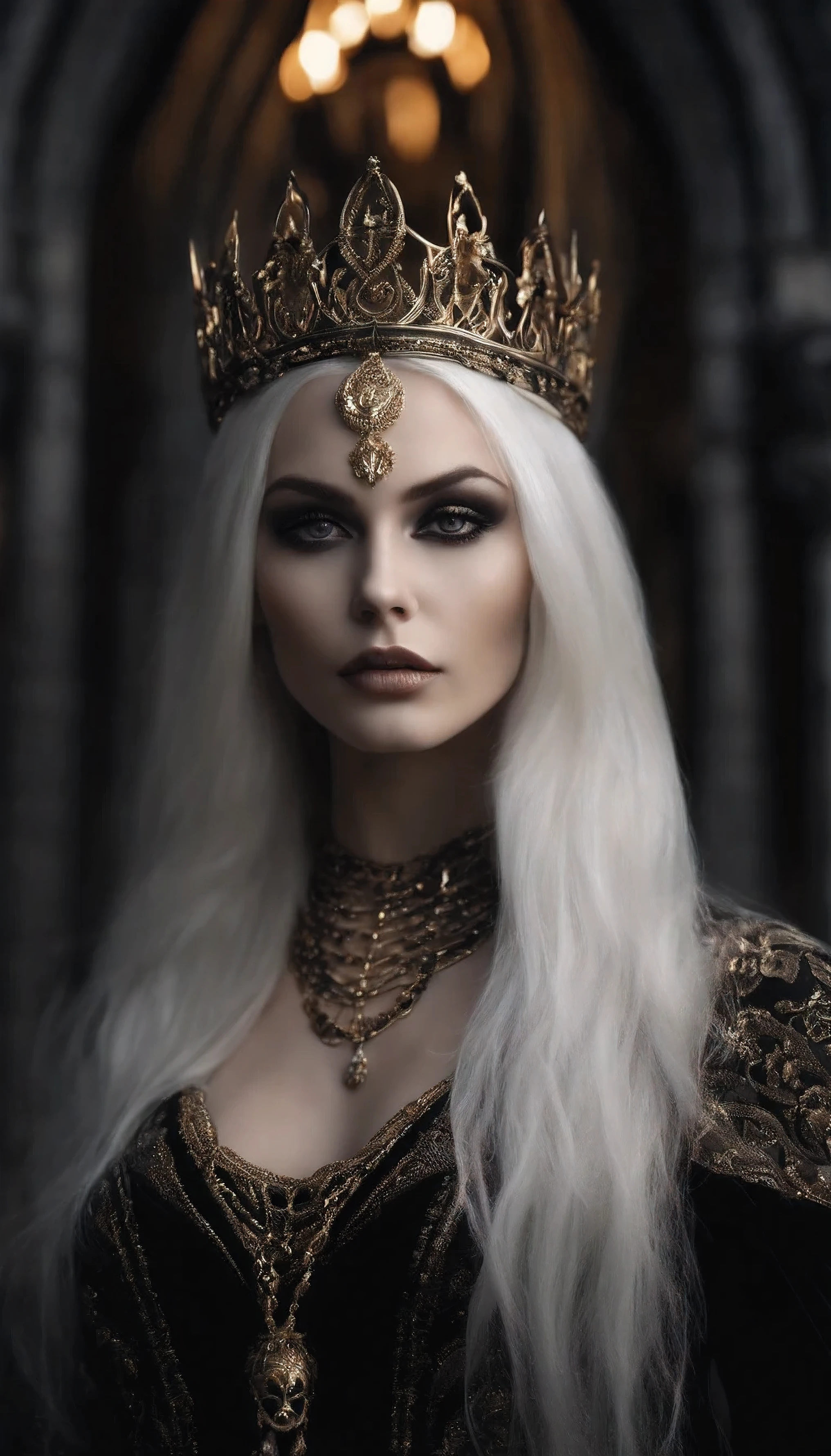 Stunning vampire girl with long straight bright white hair stands in front of an ancient gothic cathedral, her sharp cheekbones and perfect pale skin are illuminated by the moonlight, intense and alluring, detailed smoky eye makeup, captivating vampire eyes, lush voluminous eyelashes, in a short black dress with gold chains, black, Like night, crowned as goddess of darkness, surrounded by gothic details, gold and silver accents, realistic high resolution photo, 4K.