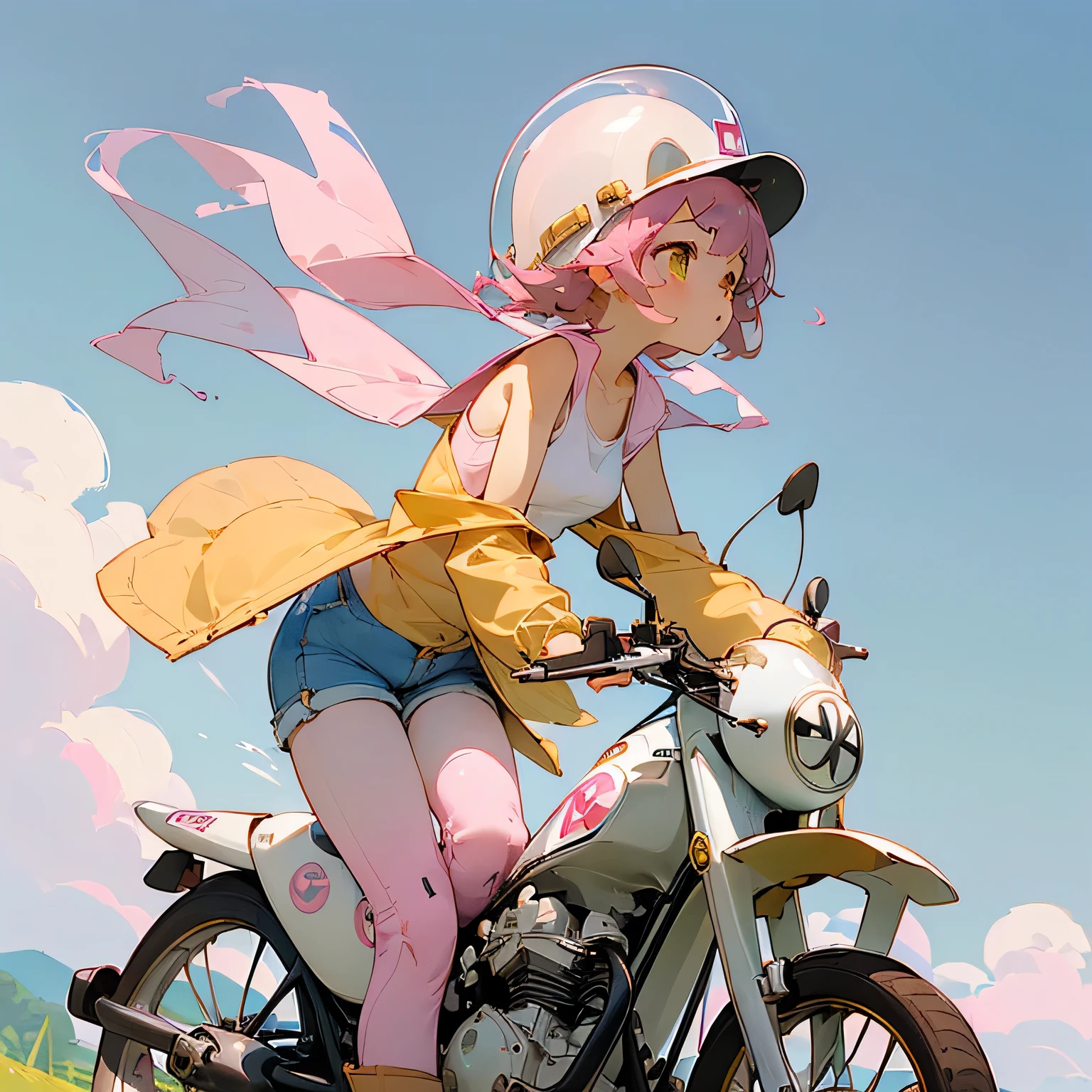 Highest quality、((A girl is riding a pink Super Cub:1.35))、Dark brown short cut、(Wearing a white jet helmet、White tank top、Yellow Jacket、Denim shorts、White knee-high socks、Brown work boots:1.3)、Japanese countryside scenery、Winding Road、Weeds grow along the side of the road、Blue sky、White clouds floating、Early summer sky、