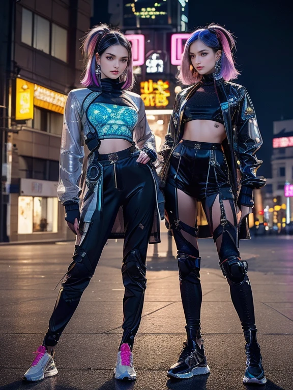 highest quality, Very detailed, masterpiece, Two women posing,(((Perfect female body))),Very beautiful face, Very beautiful body,Gentle expression, Very beautiful eyes,(Perfect Makeup:1.1),Fashion Model,Cyberpunk Fashion,Curly Hair,Shaggy Hair,pink and blue hair:1.3, very thin body,Smart Abs,Monogram pattern,Gradation,(Fractal Art:1.3),Techwear See-Through Jacket,Monogram patternスカート,Two-tone high-top sneakers,A kind smile,Full body portrait,(Night in Cyber City), (Shiny skin),(Earrings),Long scarf with elegant pattern,Neon long shawl,
