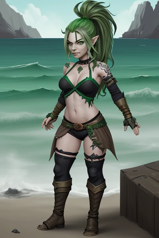 Female halfling pirate with toxic green hair, green eyes, piercings, full body, fighting sea monsters