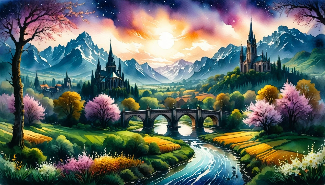 Watercolor painting, masterpiece in maximum 16K resolution, superb quality, highly detailed, ((close-up of blooming branches)), vast nature landscape with Gothic spires and snowy peaks, grand ornate bridge over the river, twilight warm hues, serene atmosphere.
