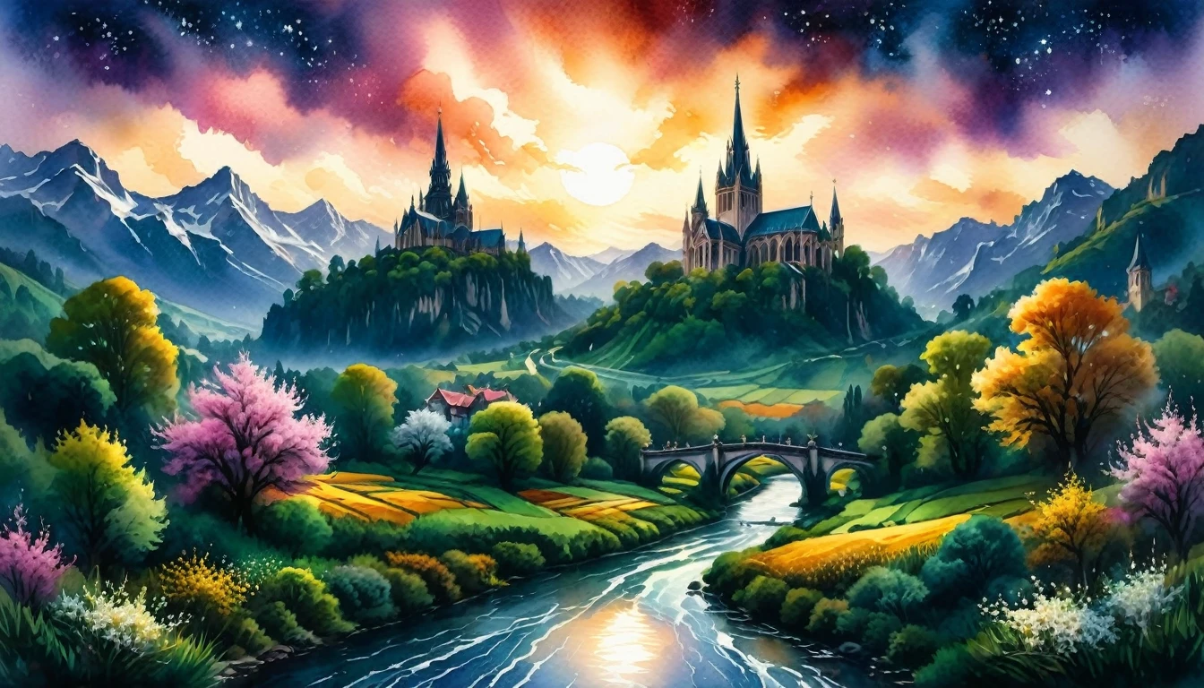 Watercolor painting, masterpiece in maximum 16K resolution, superb quality, highly detailed, ((close-up of blooming branches)), vast nature landscape with Gothic spires and snowy peaks, grand ornate bridge over the river, twilight warm hues, serene atmosphere.
