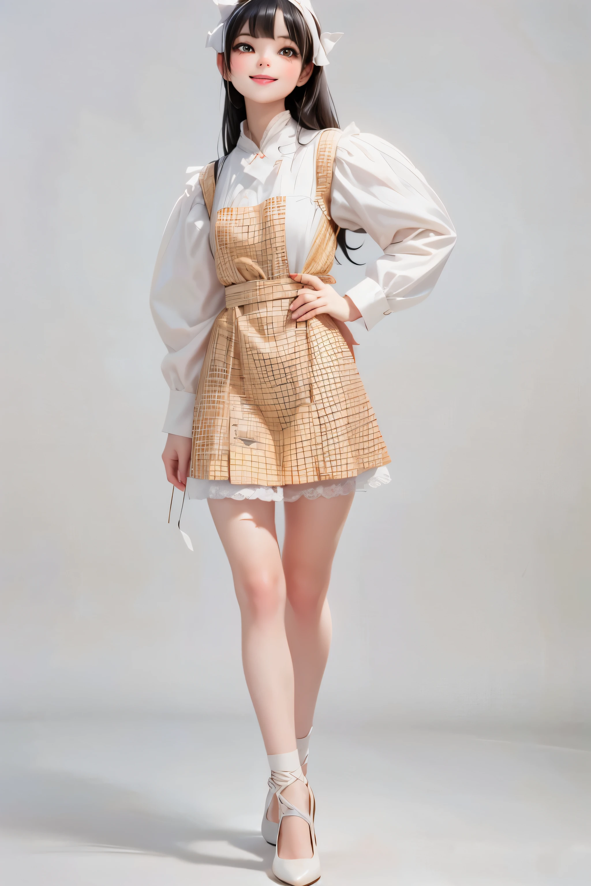 a cute girl smiling, long (black) hair, hairband, (red) shift dress, (white) puffy sleeves shirt, natural color nylons, (white) pumps, posing