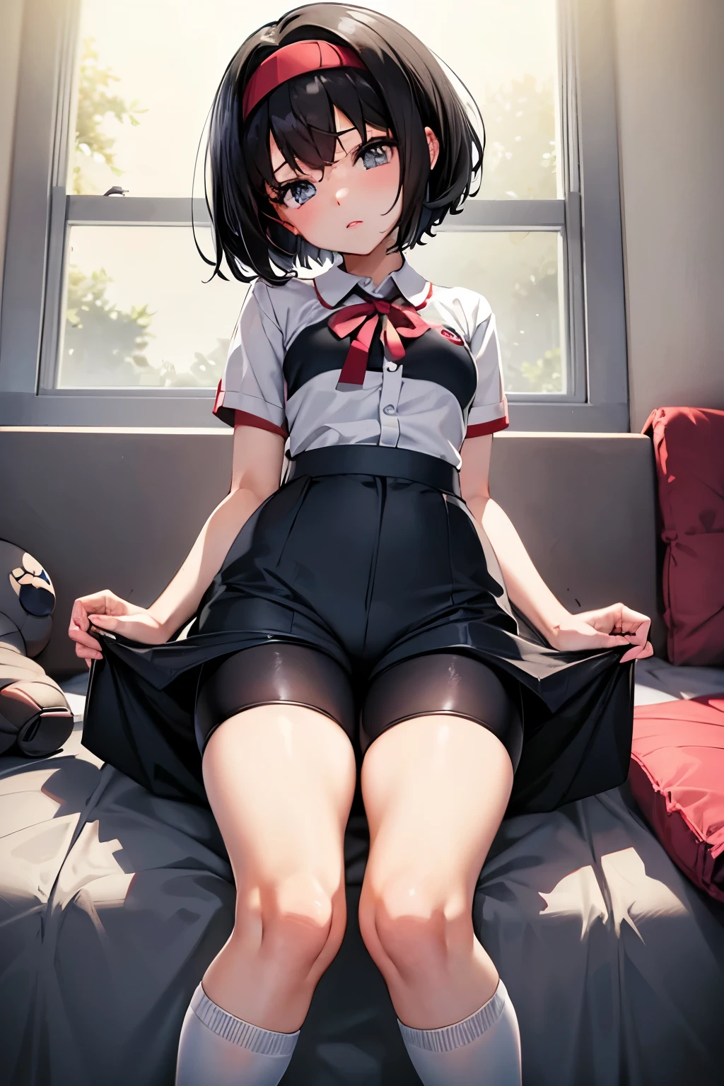 Erica、Pokémon、Black Hair、Short Hair、((Bike Pants))、Photo from below、Medium chest、Bedroom、One girl、Red ribbon on head、((White shirt))、(Thigh-high socks)、