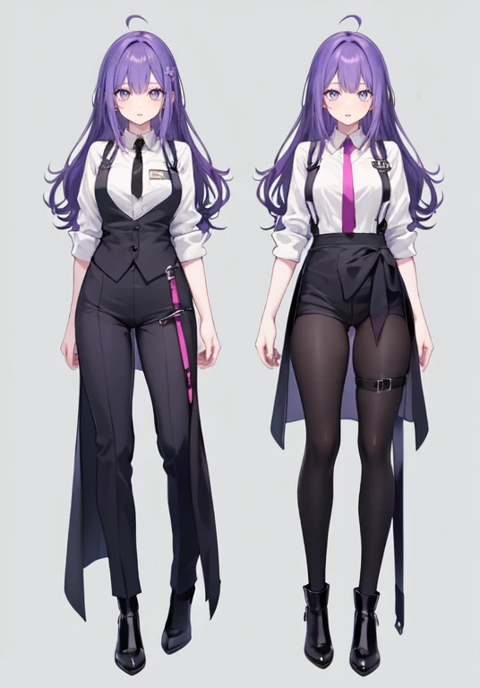 ((Perfect Face)),Purple Hair,voluminous long hair,Adult female,bartender,((Body Harness)),Black vest,((Shirt with rolled up sleeves)),tie,slit,((Simple Background)),smile,((Full Body)),((full body)),Character portrait,upright,,Both arms are lowered,