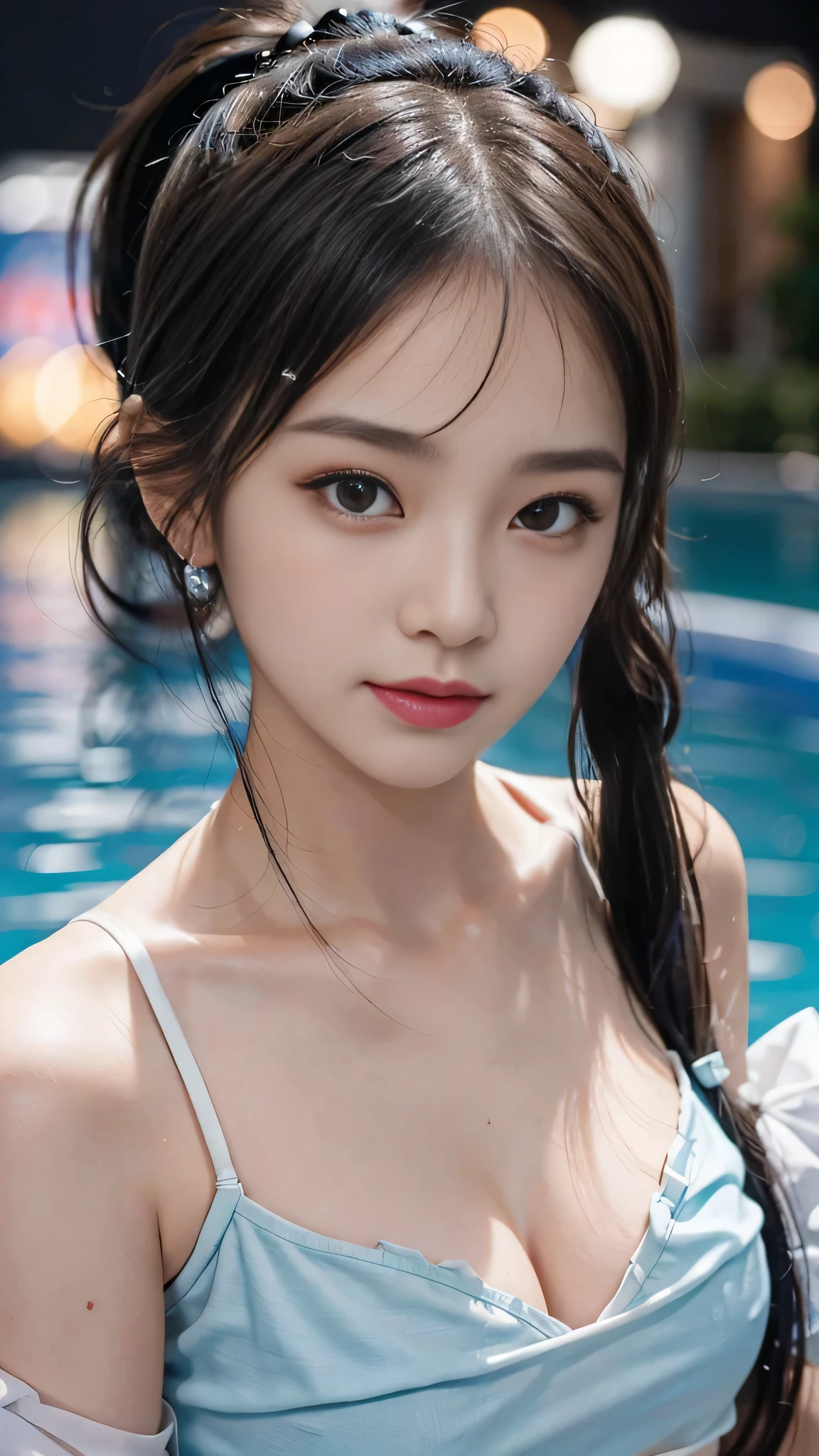 night,It's dark outside,Resort Pool lit up with neon lights at midnight,Ruffled bikini,Close up face,One woman,masutepiece, The highest image quality, High quality, the background is clear,Beautiful woman, Japanese, Detailed, Detailed eyes, Detailed skin, Beautiful skin, 超hight resolution, (reality: 1.4),Very beautiful woman, Slightly younger face, Beautiful skin, slender, (Ultra photo realsisim), (hight resolution), (8K), (Very detailed) (beautifully detailed eyes), (super detailed), (Detailed face), view the viewer, Fine details, Detailed face, Staring straight ahead, Staring straight ahead, photos realistic, Bright lighting, Professional Lighting, Black hair,poneyTail,a baby face,fifteen years old,Hairstyle: ponytail,Long ponytail hairstyle,slight smile,neat and tidy clothing,Beautiful Japanese KPOP idol photo, hair style is ponytail, my eyes are double and wide, baby face, smile and look straight ahead, slender, small breasts,Close up face,