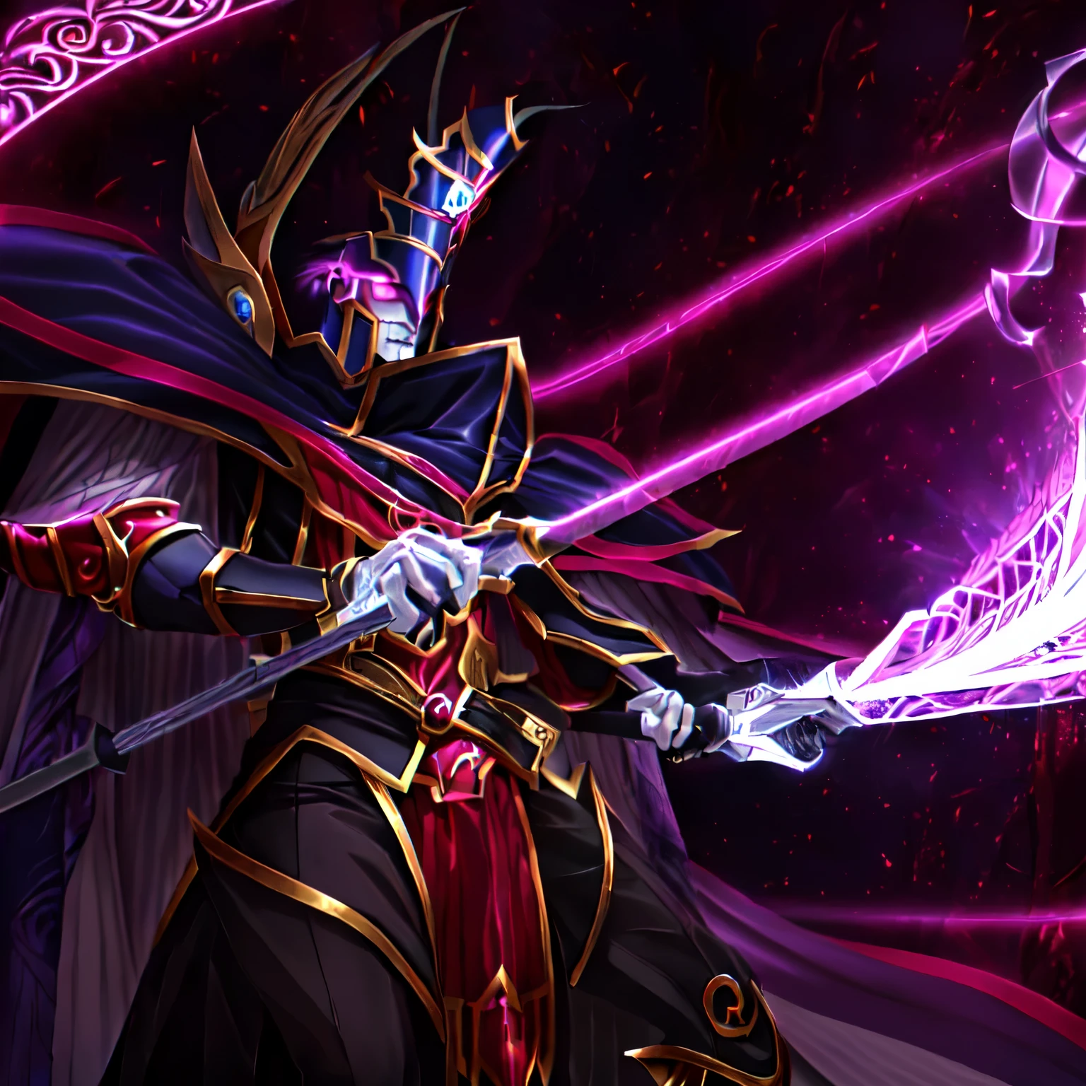 personaje de anime con capa morada y capa morada sosteniendo una espada, cetro, karthus de liga de leyendas, estilo yugioh, holding a cetro, warlock sumerge, un brujo todopoderoso, yugioh art style, liche demon mage class, hermoso dios masculino de la muerte, liche, yugioh, darius puia, Mago oscuro, as an atlantean