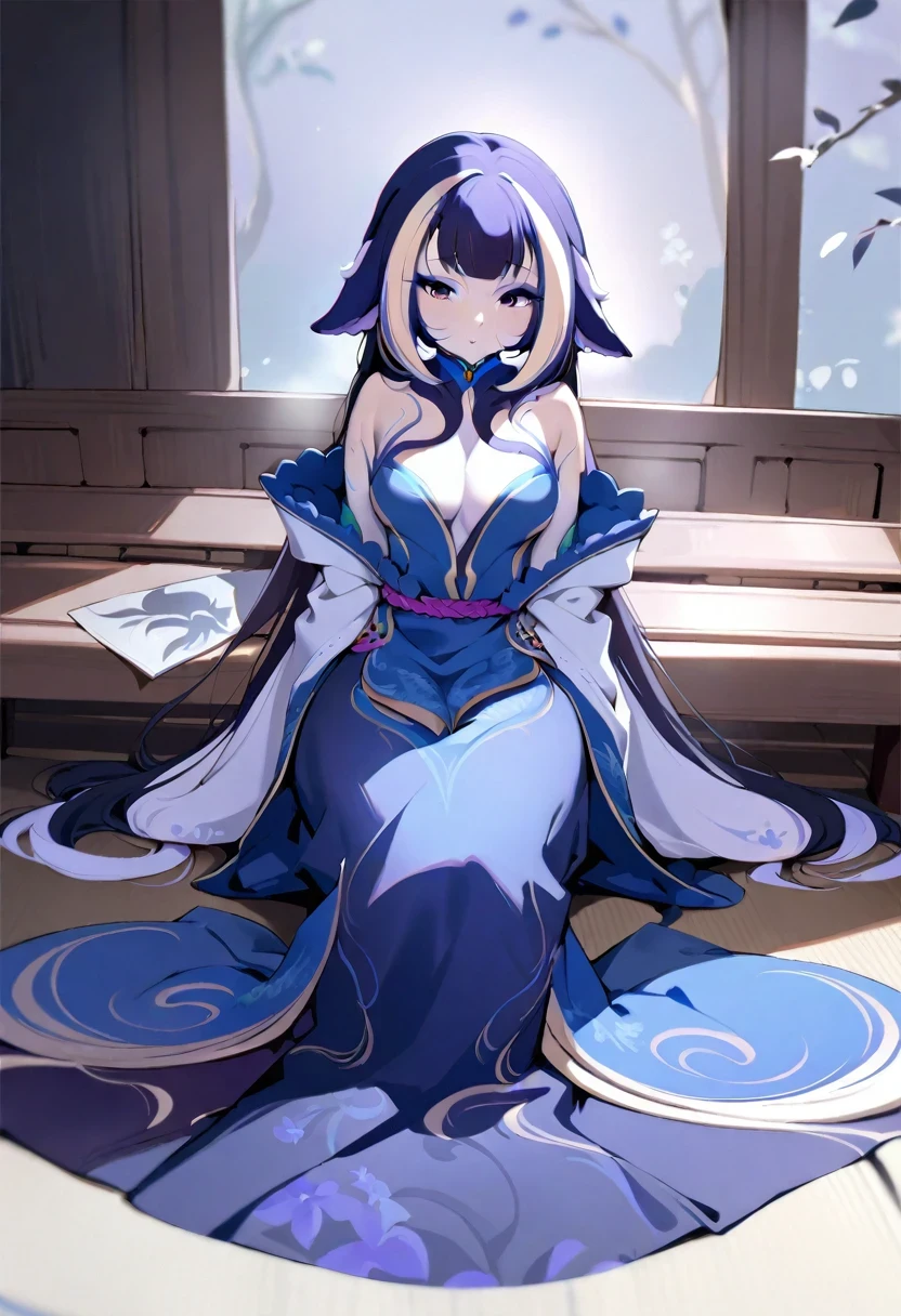 (shylily/(Twich/):1.5),(masterpiece:1.2),(best quality:1.2),, Traditional Chinese ink painting, A lovely 18 year old female,Medium chest, Oversized dress :1.2, bench, Ultra-fine face, delicate eyes, Double eyelids, SFW , Long skirt