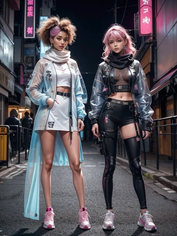 highest quality, Very detailed, masterpiece, Two women posing,(((Perfect female body))),Very beautiful face, Very beautiful body,Gentle expression, Very beautiful eyes,(Perfect Makeup:1.1),Fashion Model,Cyberpunk Fashion,Curly Hair,Shaggy Hair,pink and blue hair:1.3, very thin body,Smart Abs,Monogram pattern,Gradation,(Fractal Art:1.3),Techwear See-Through Jacket,Monogram patternスカート,Two-tone high-top sneakers,A kind smile,Full body portrait,(Night in Cyber City), (Shiny skin),(Earrings),Long scarf with elegant pattern,Neon long shawl,