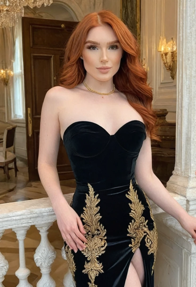 (high quality:1.5), (((8k))), extremely detailed, (High detail:1.2), Solo, (HotLexi Woman)), 24 year old irish red-haired female, ((perfect anatomy hands)), (in mansion), (black luxury dress strapless with gold details),