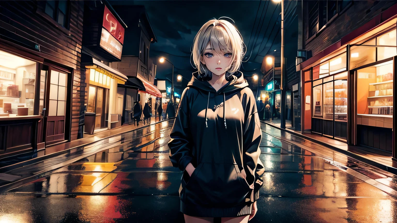 (Highly detailed CG Unity 8k wallpaper),(masterpiece), (highest quality), (Super detailed), (Best illustrations), ( Fine grain:1.1),woman,Large hoodie,Neon Light,Purple overall,Rainy Town,Wet Hair,