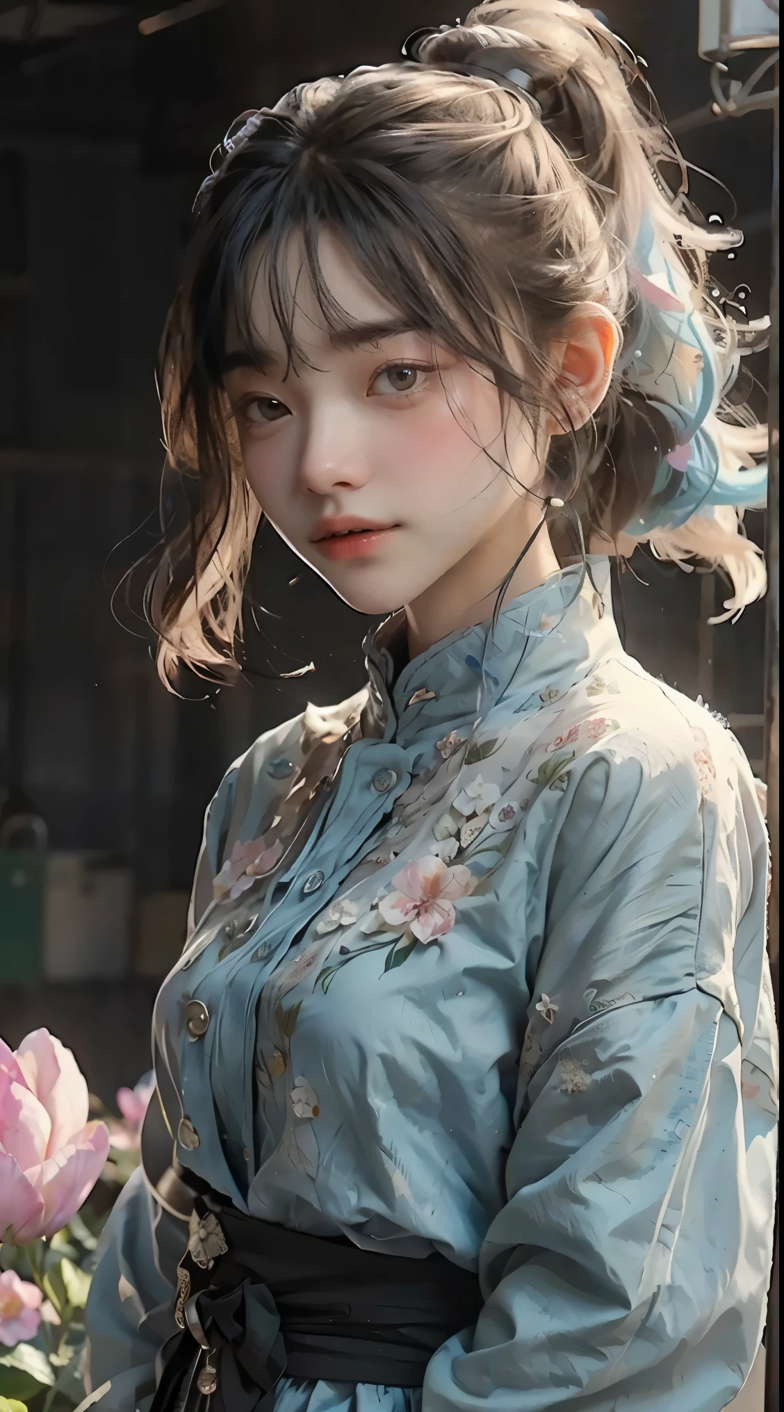 (masterpiece), (best quality), (ultra detailed),(disheveled hair),(illustration), (1girl), (Fashionable clothing), standing, Fashion model, looking at viewer, (interview), (simple background),beautiful detailed eyes, delicate beautiful face, Floating,(high saturation),(colorful splashes),colorful bubble,(shining), focus on face, ponytail, kamisato ayaka, light blue hair, bangs, hair ring, floating flowers, floating hairs, (shining), best lighting, best shadow,