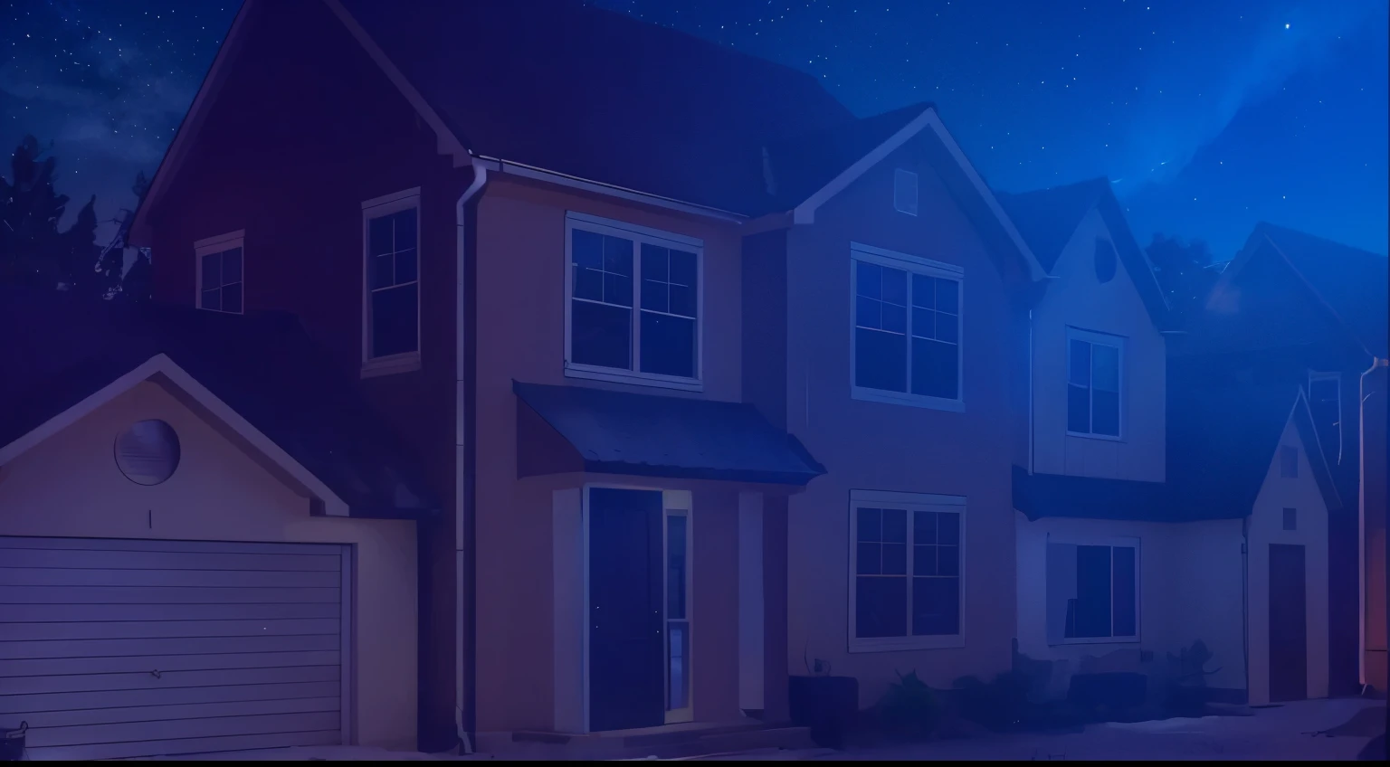 A cinematic realistic tranquil suburban night scene. A two-story house with a gabled roof and an attic window stands under a starry sky, its silhouette a testament to peaceful residential living. The attached garage on the left and the neighboring houses nestled close by evoke a sense of community. The dark blue of the night sky, sprinkled with stars, adds a touch of serenity to the atmosphere.