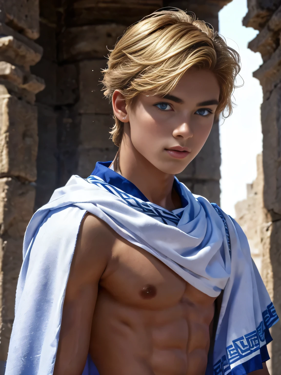 Portrait, 1boy, , wears Greek toga, ancient Greece, handsome, Greek model, blonde boy, blue eyes, symmetrical, focus on the boy, medium shot, slim but defined body, looking at the camera, film grain, young god greek, beauty, pose, super model, young god greek beauty, representation of a Greek god, glorious, majestic, supreme, nature, artistic portrait, artistic pose, photography award