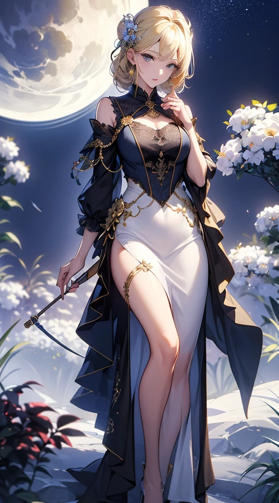 masterpiece, high quality, 4K, Beautiful design, silhouette，blonde， 非常に詳細な夜のStarry Sky,Flower Field， wonderful, Finer details,  Very knowledgeable woman, Highly detailed solo, 1 female,Big Breasts， White Dress，Night view，Starry Sky，full moon，