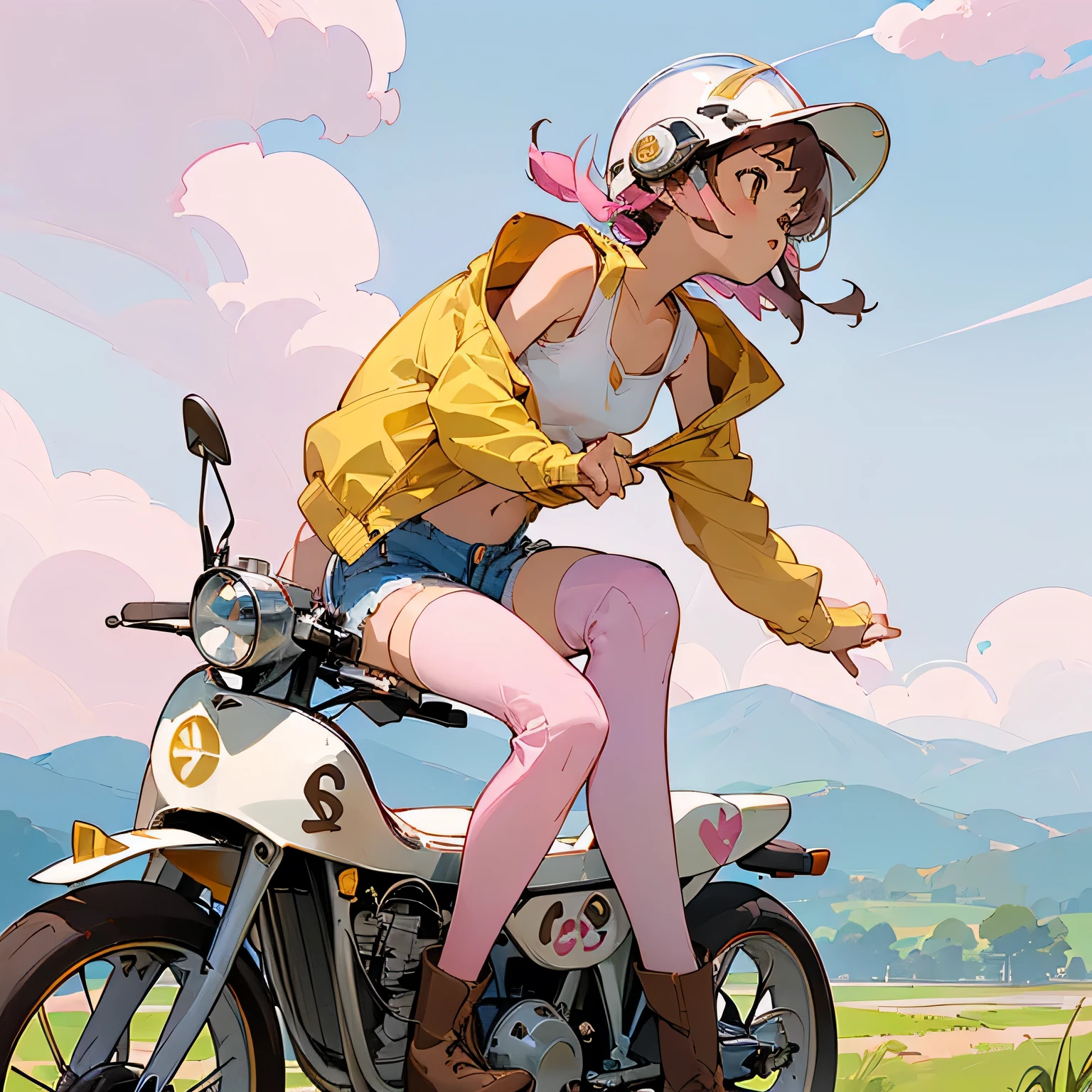 Highest quality、((A girl is riding a pink Super Cub:1.35))、Dark brown short cut、(Wearing a white jet helmet、White tank top、Yellow Jacket、Denim shorts、White knee-high socks、Brown work boots:1.3)、Japanese countryside scenery、Winding Road、Weeds grow along the side of the road、Blue sky、White clouds floating、Early summer sky、