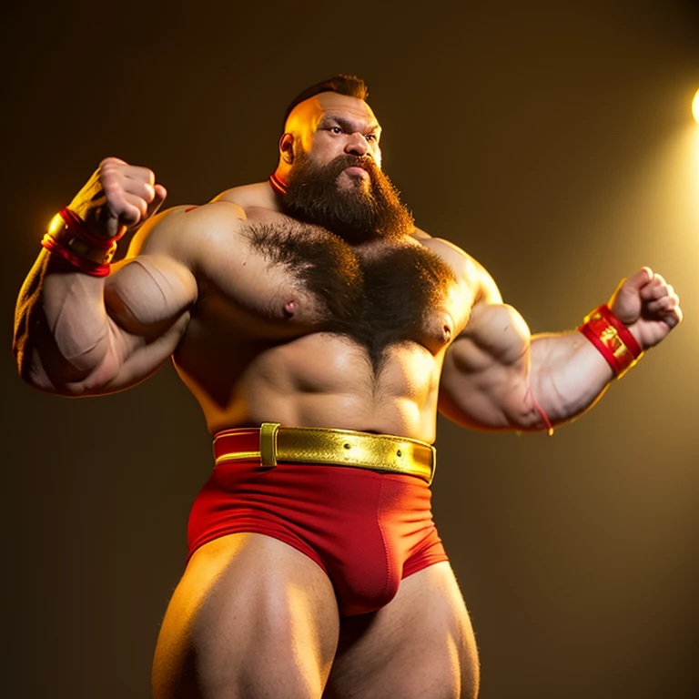 zangief,a man with a beard and a golden belt, fighting game character, street fighter 5,muscled humanoid,heavy looking,buff man,wrestler,Red short briefs,capcom,street fighter,shirtless,muscular male,chest hair,visually weighty,bearded man,mohawk hair,no wristband,Red Wrestling Boots,best quality