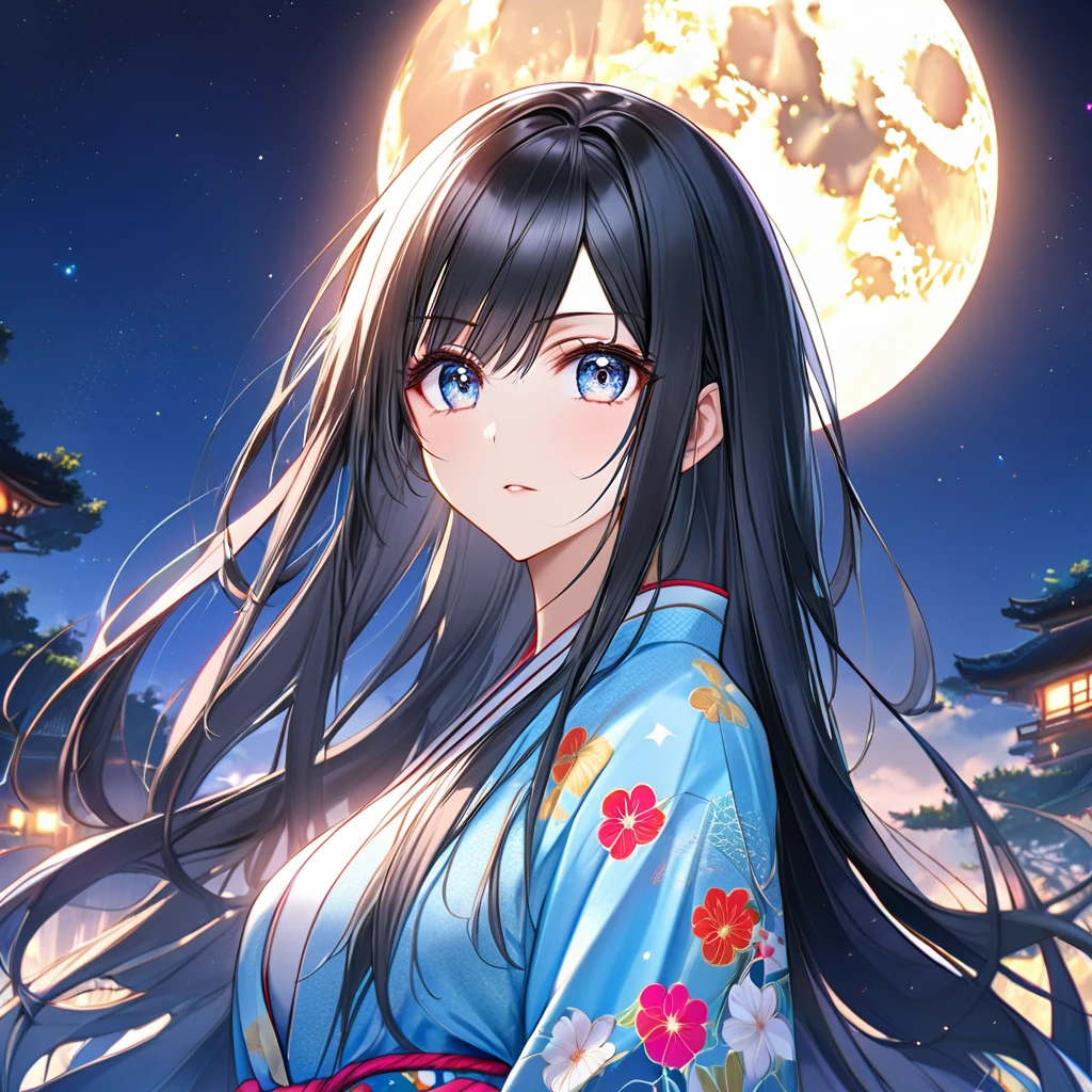 anime、Vibrant colors、Cool beauty、17 years old、Black Hair、Long Hair、Straight Hair、The bangs are cut above the eyebrows、Narrow eyes、Slanted Eyes、Bright eyes、Sparkling eyes、Large Breasts、Night Sky、full moon、sky blue kimono