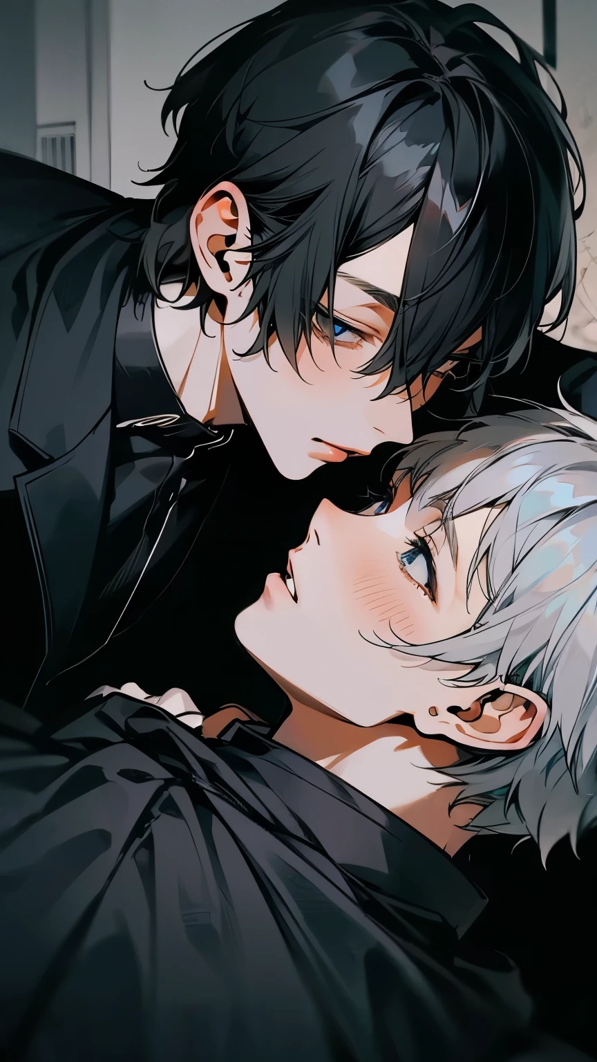 (Mastepiece), (Best Quality), Very detailed, ((Two men intimate:1.5)), Perfect Face, Beautiful Face, Very detailedな顔，(Black-haired man:1.3)，(Grey-haired man:1.3)、