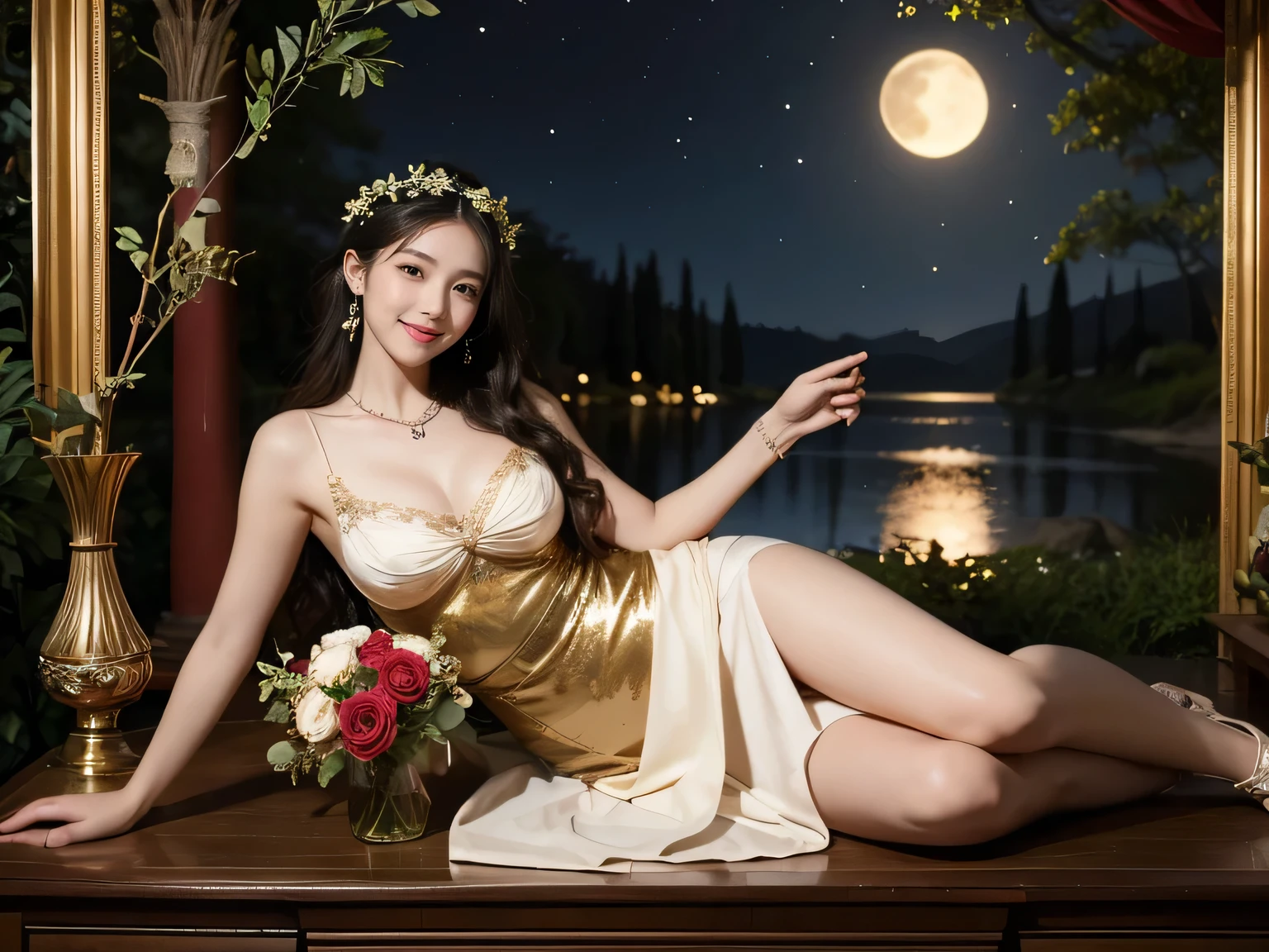 Giorgione painting style,Arguments of two female Philosophe,math、astronomical machine、astronaut、roses in vase、fruits、Cute trinkets、smile、ancient greek costume、Background is a forest lake at night 、Clothes that stretch your shoulders、A big smile、beautiful bare skin、A detailed representation of the seducing woman throughout her body.
