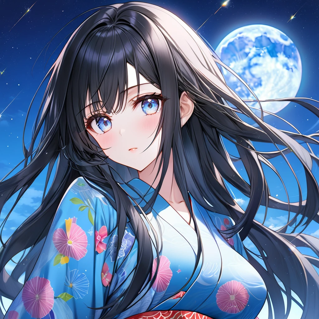 anime、Vibrant colors、Cool beauty、27 years old、Black Hair、Long Hair、Straight Hair、The bangs are cut above the eyebrows、Narrow eyes、Slanted Eyes、Bright eyes、Sparkling eyes、Large Breasts、Night Sky、full moon、sky blue kimono