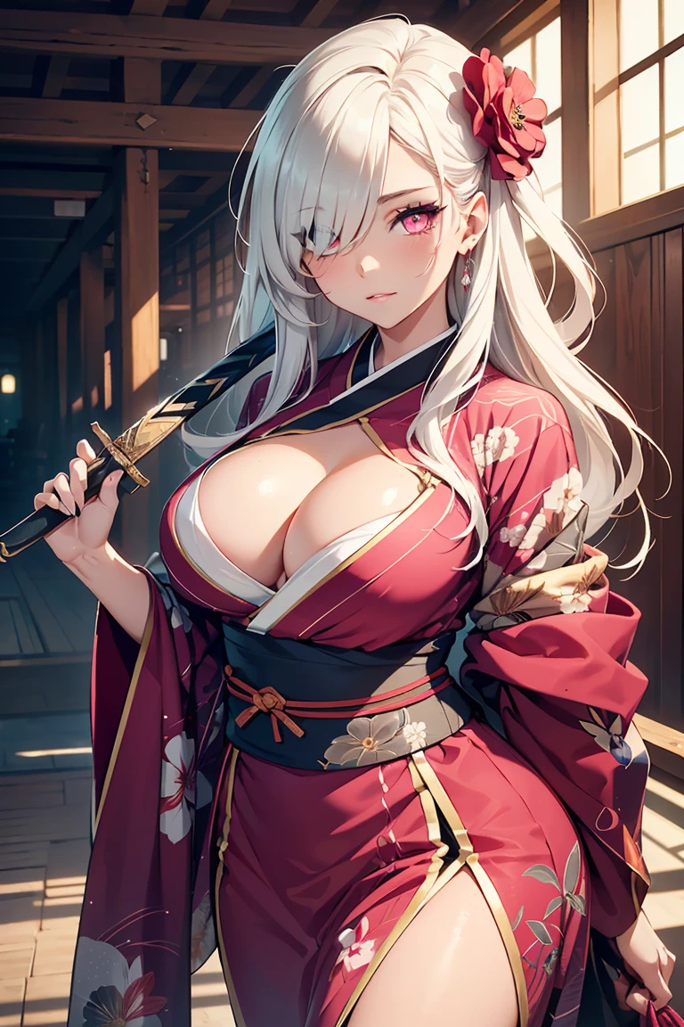 ((1 girl)), kunoichi, (((Bangs that cover one eye))), Ninja, kimono, Holding a sword, Rough poses, sleepy, Masked, Droopy eyes, Latest modern fashion, Floral costume, fluffy, warm, Big Breasts, Squat, Cowboy Shot,((Very detailed,highest quality, High resolution, Apathy, 8k wallpaper, Beautiful clothes,)),((Pure white hair)), Long Hair,Messy Hair, eye shadow, eyeliner,Glow Eye, Very detailedな目, Beautiful Eyes, (Glowing pink eyes),22-year-old girl,