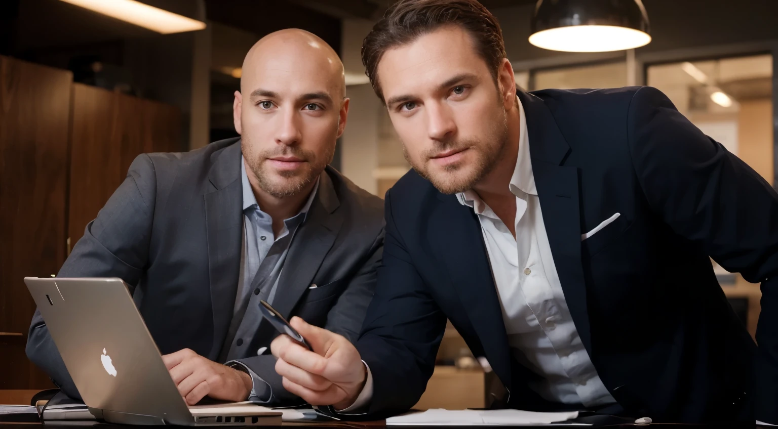 A masterfully captured photograph of two successful entrepreneurs, Mike and George, both in their mid-30s, deeply engrossed in discussing their latest venture. Mike, with his bald head, wearing a sophisticated charcoal gray suit, while George, a larger-than-life figure with a full head of hair, is dressed in a stylish navy blue blazer and crisp white shirt. Their focus is on an open laptop displaying their project details. The backdrop is a warmly lit, contemporary office space that exudes a sense of realism and refined sophistication, reflecting their successful lifestyles.