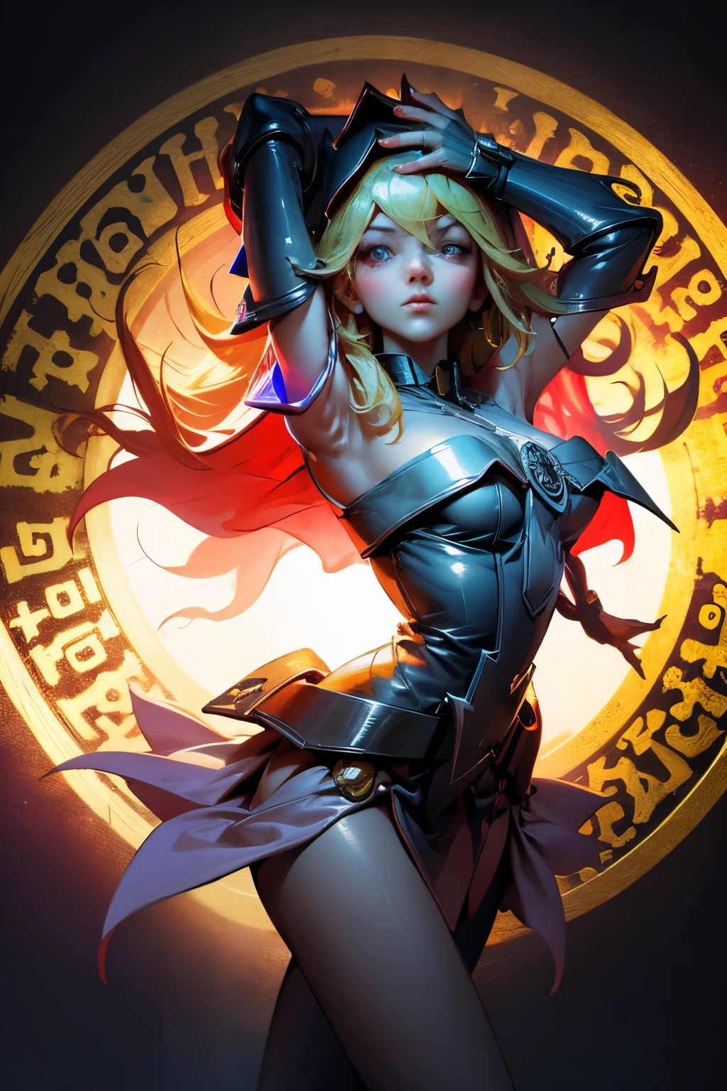 dark magician gils. Cabello rubio extra largo. Ojos verdes. magic circle background. Pose sensual y sejustiva.
