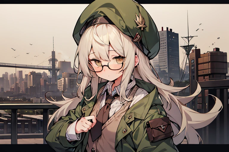 long ahoge,shirt,White hair,Brown eyes,circle-glasses,Brown tie,brown skirt,dark green beret,Dark green jacket,girl with,steampunkai,sleepeace,retro city background,jitome