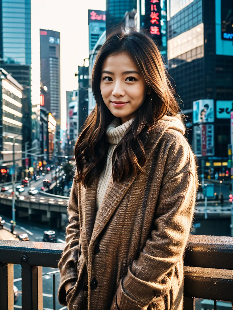 Photoreal, 8K full-length portrait, Beautiful woman, attractive look, Clear system, 20-year-old, Tokyo city, winter, Shibuya in the background