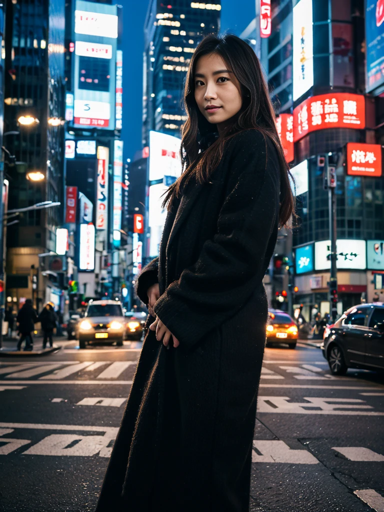 Photoreal, 8K full-length portrait, Beautiful woman, attractive look, Clear system, 20-year-old, Tokyo city, winter, Shibuya in the background