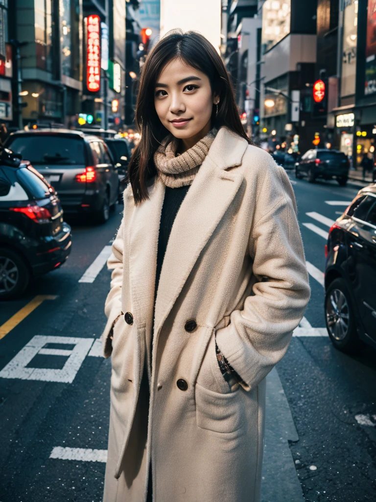 Photoreal, 8K full-length portrait, Beautiful woman, attractive look, Clear system, 20-year-old, Tokyo city, winter, Shibuya in the background