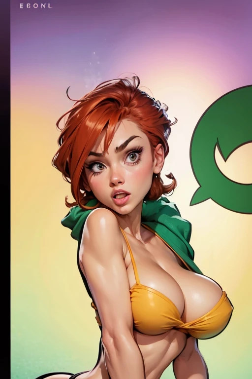 8k, SesyToon, cartoon of a woman in a bikini and a green towel, comic poster style, character is in her natural pose, J. Scott Campbell, by Eugênio Granell, poster art, J.. Scott Campbell, girl poster, extreme foreshortening , close up, by Hugh Hughes, poster pose, bending over, poster, side pose, Director: Humberto Castro, desperate pose