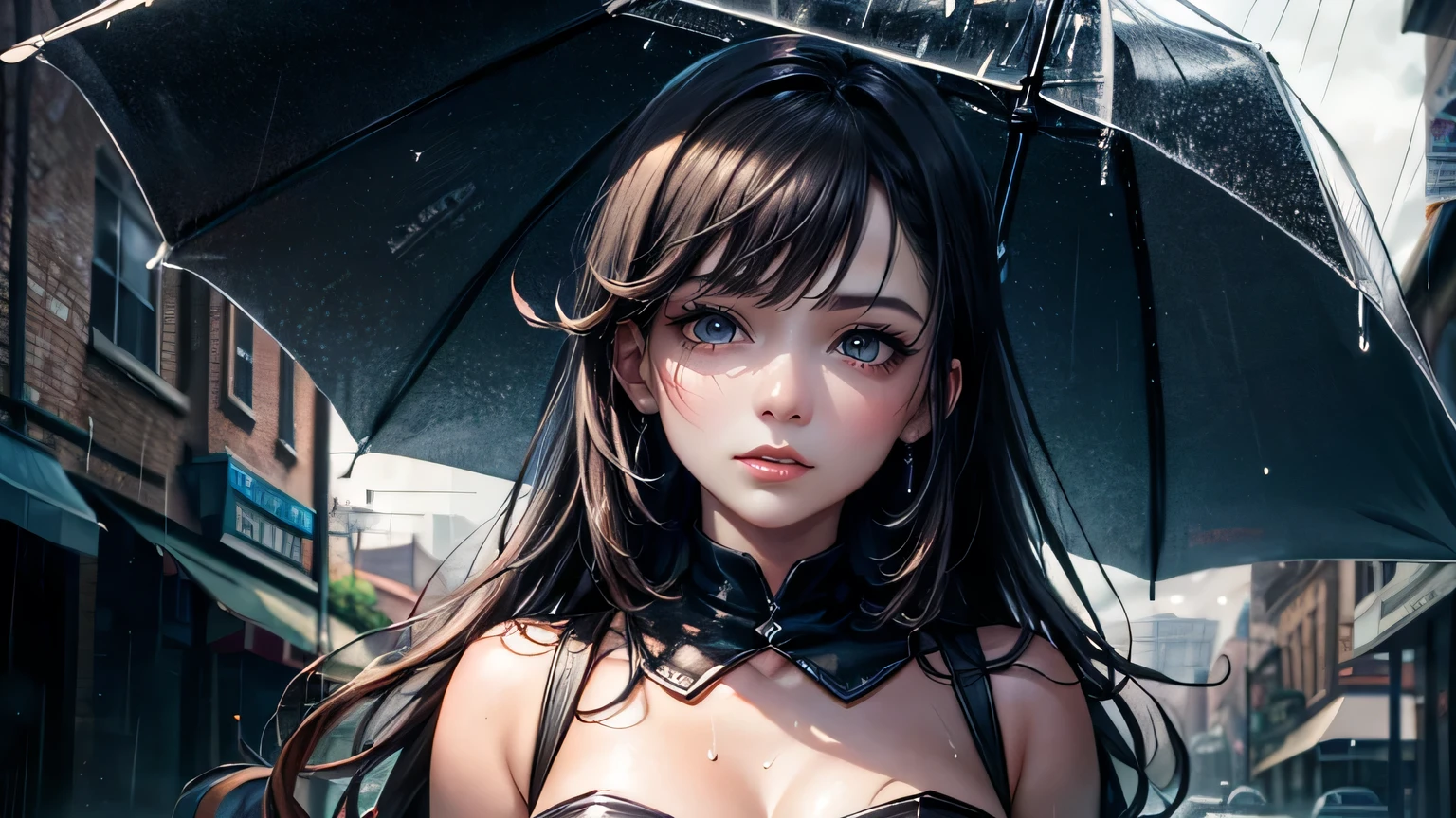 Rainy Town　woman　(Highly detailed CG Unity 8k wallpaper),(masterpiece), (highest quality), (Super detailed), (Best illustrations), ( Fine grain:1.1)