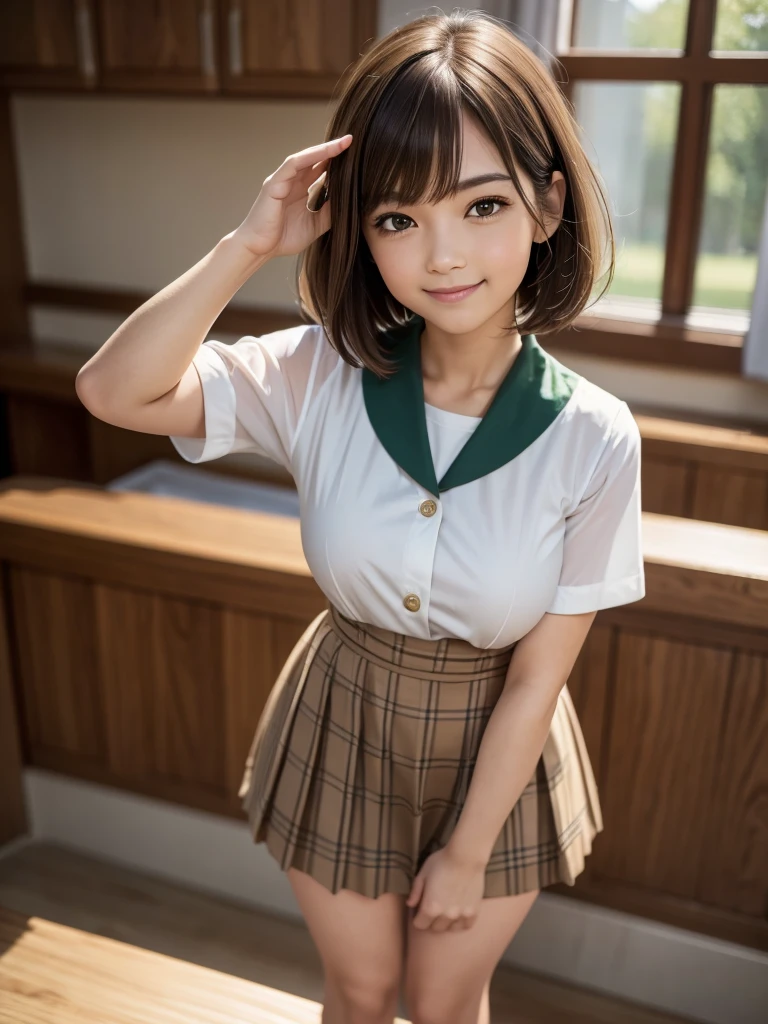 (highest quality, 4k, 8K, High resolution, Tabletop:1.2), Full Body Shot. Super detailed, Realistic:1.37, Light brown hair, Short Bob Hair, Asymmetrical bangs, Mature Woman, high school girl, Sailor suit, Green and brown checkered micro mini pleated skirt, Super super slender body, Shy and cute face, A very happy smile, ((Pose on Salute))