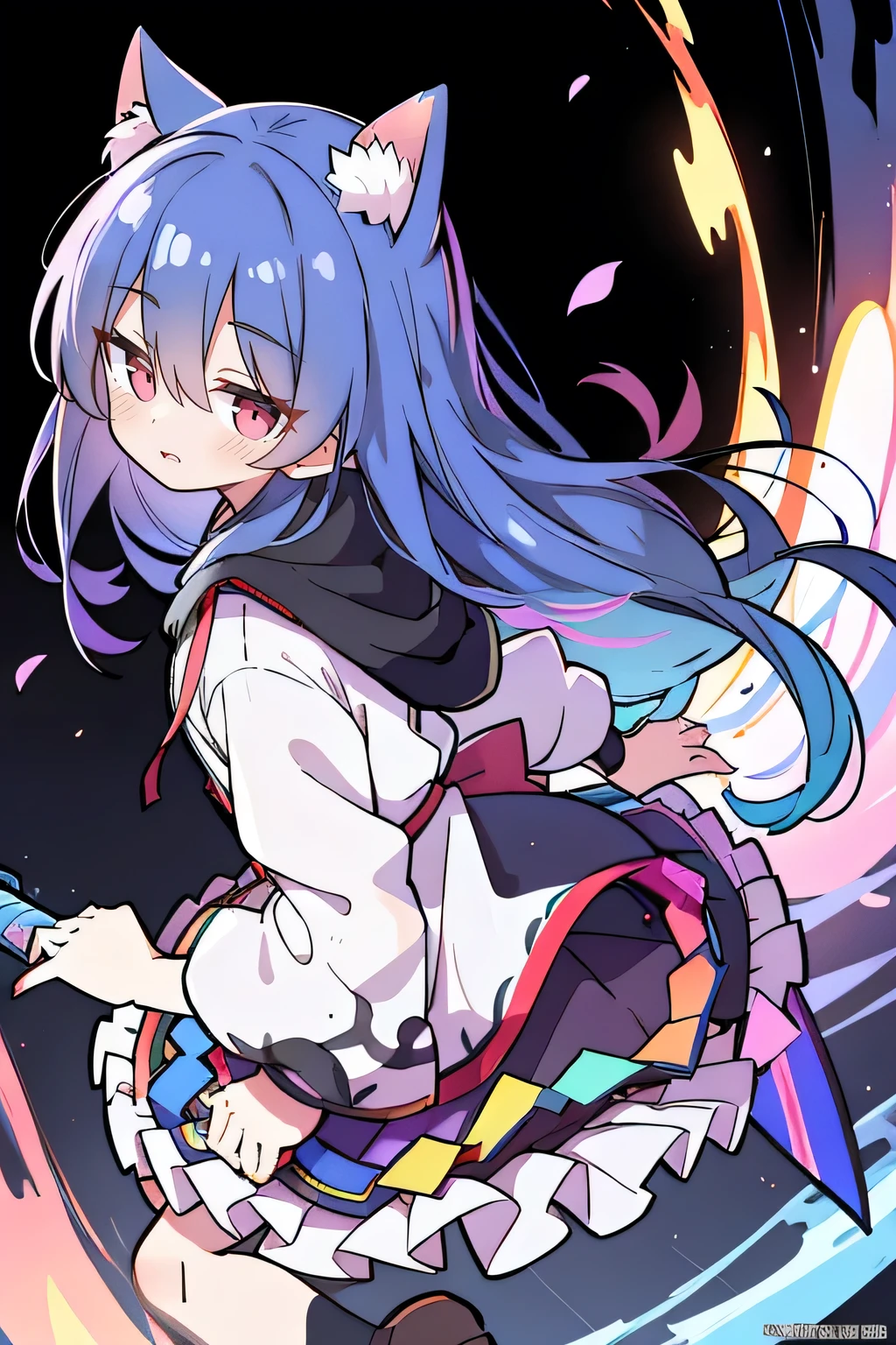 (masterpiece:1.2),Super detailed,lifelike,Expressive eyes,fair skin,perfect face shape,1 girl,
Japanese comics,Gorgeous blue hair,flowing blue hair,flowing clothes,Cat ears,Petals fall,beautiful lola,Baby Angel,
Shaking head with one hand,Cross your legs,Gentle and peaceful background,The pavilion is cool and comfortable,smile, wearing hoodie, background of tokyo,back views,Anime girl holding a sword in the fire, Anime epic artwork, 4k Anime Wallpaper, Anime Art Wallpaper 4K, Anime Art Wallpaper 4k, Anime Wallpaper 4k, anime art wallpaper 8 k, Anime Wallpaper 4 k, Bad guy anime 8k, Anime Wallpaper, Anime Wallpaper, hd Anime Wallpaper, Anime style 4k, 4k comics wallpaper.