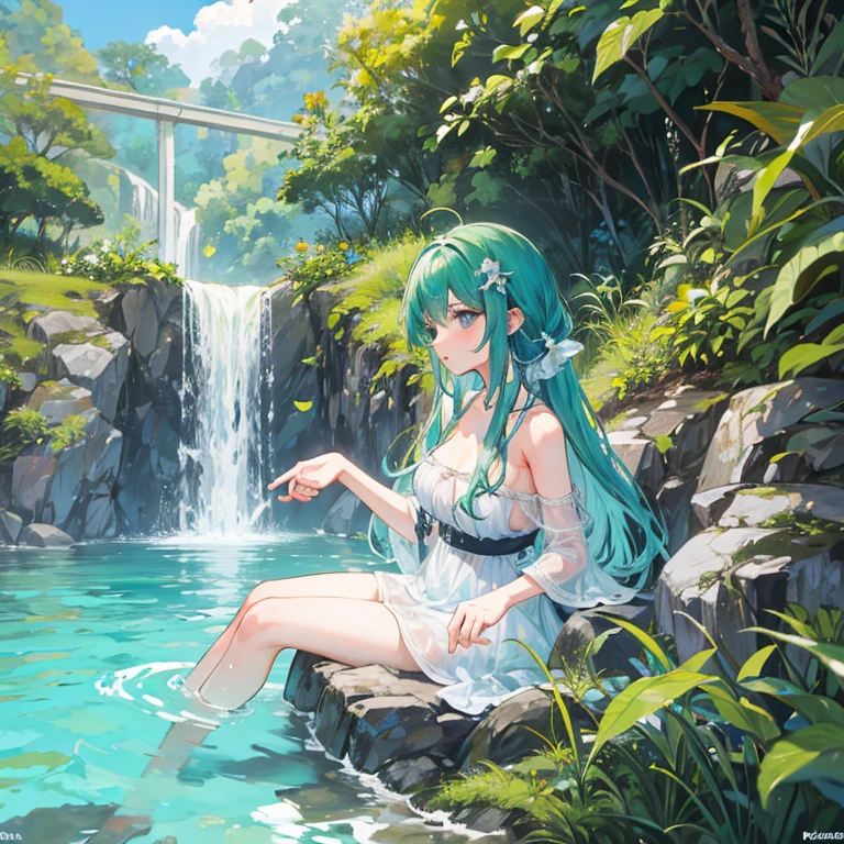 Elfas de cabelo verde em um rio tomando banho com os peitos pra fora mostrando os mamilos