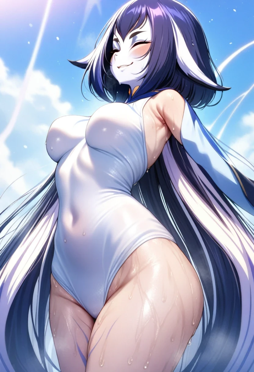 (shylily/(Twich/):1.5),(masterpiece:1.2),(best quality:1.2),(White school swimsuit),(Long hair)、(Straight Hair)、Sweaty body,vitality, lively smile,