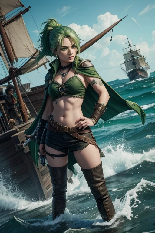 Female halfling pirate with toxic green hair, green eyes, piercings, full body, fighting sea monsters, ruggish clothing 
