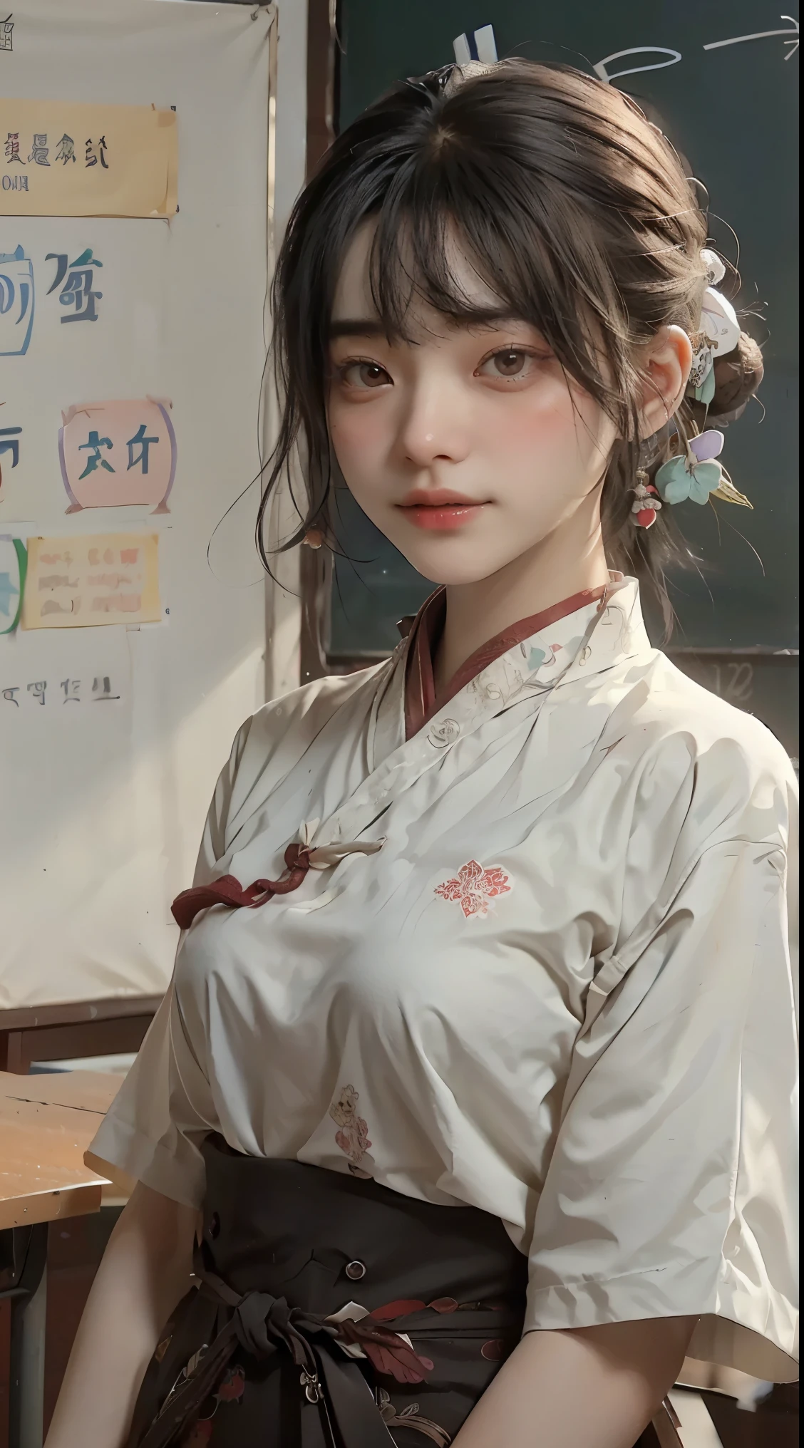 At noon, in the classroom, two female proctors walked into the classroom, holding top secret file bags, two female proctors wearing white T-shirts and short black hair, this female proctor looked at the camera, the lens mainly featured the upper body, in the Lofe art style ((Xinhai City), popular in CGStation, Xinhaicheng H 2160, inspired by Bian Shoumin, Xinhaicheng, Kavasi, Guwitz's style, high-quality pictures, 4K, 8K, resolution,