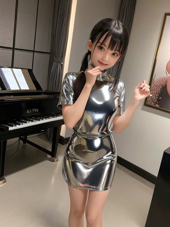 11-year-old idol、Short Ponytail、Black Hair、Shot in a luxury hotel、Ultra-shiny metallic silver dress made from latex material、(超タイトなLatex metallic silver dress:1.5)、Very short skirt、Photographing Japanese people、Latex metallic silver dress、超反射するLatex metallic silver dress、Smiling with teeth showing、Looking into the camera、Professional photography、Full body photography
