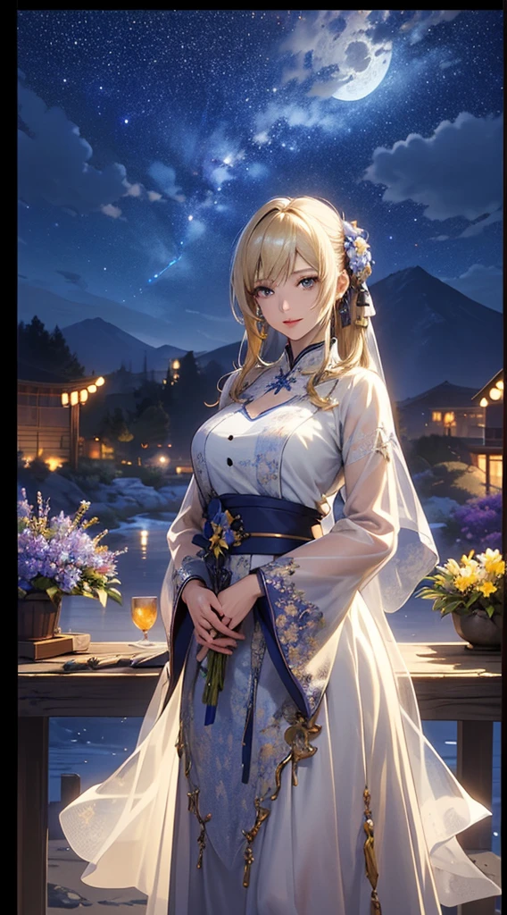masterpiece, high quality, 4K, Beautiful design, silhouette,blonde, 非常に詳細な夜のStarry Sky,Flower Field, wonderful, Finer details, Very knowledgeable woman, Highly detailed solo, 1 female,Big Breasts, White Dress,Night view,Starry Sky,full moon,