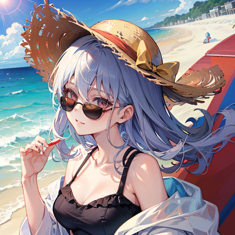 ((((One Woman)))),Woman with sunglasses, [[[[smile wickedly]]]], (high quality), Silver Hair,gapmoe yandere, Silver Hairの女性, Portrait Gap Moe Yandere Grimdark,Scholar in white coat,magician,Half Up,Medium Hair,Hair between the eyes,Wavy Hair,whole body,(((38 years old))),A moving picture,((((((One Woman)))))),((((Wearing a pareo at the beach)))),Wearing a straw hat,summer,Cool off-the-shoulder black swimsuit