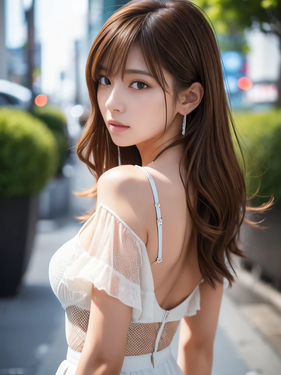 Ultra High Definition, Superior Quality, Premier Quality, ultra detailed, Photorealistic, 8k, RAW Photos, highest quality, masterpiece,  Attractive Woman, Stunning Lady, Brown Hair, Shoulder Length Layered, Mesh Hair, Japanese Idol, Sophisticated, Stylish, 