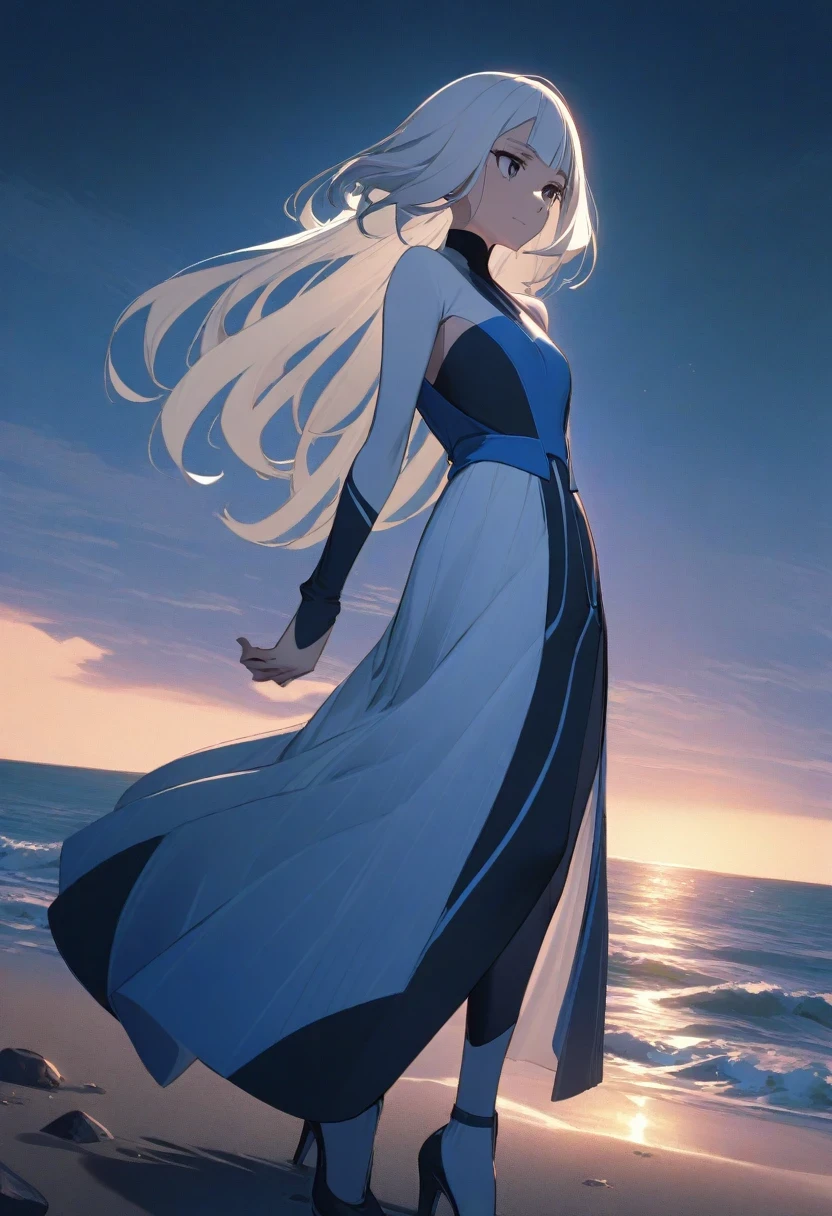 (shylily/(Twich/):1.5),(masterpiece:1.2),(best quality:1.2),Beautiful female , White cute long dress,depressive mood, melancholy face, Bad mood, Standing on the sand, Gray and blue shades, Background of the sea, The little red sun in the distance ,distant rocks,