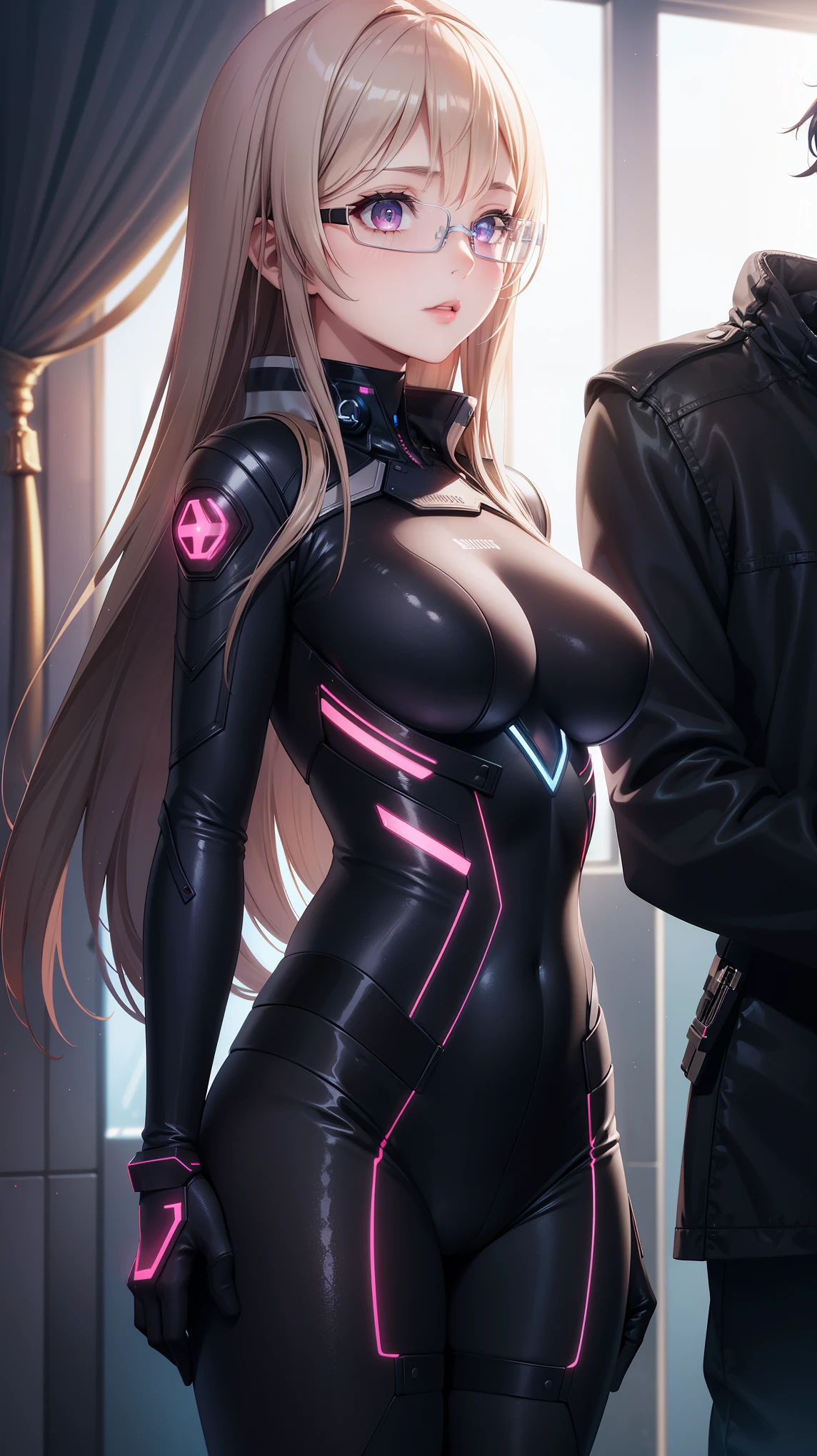 1girl, natural lighting, masterpiece, highly detailed, illustration, game CG, absurdres, high quality, beautiful detailed eyes, glossy lips, natural lighting, medium breasts, klaudia valentz, futuristic led glasses, cyberpunk glasses, bodysuit, cyberpunk