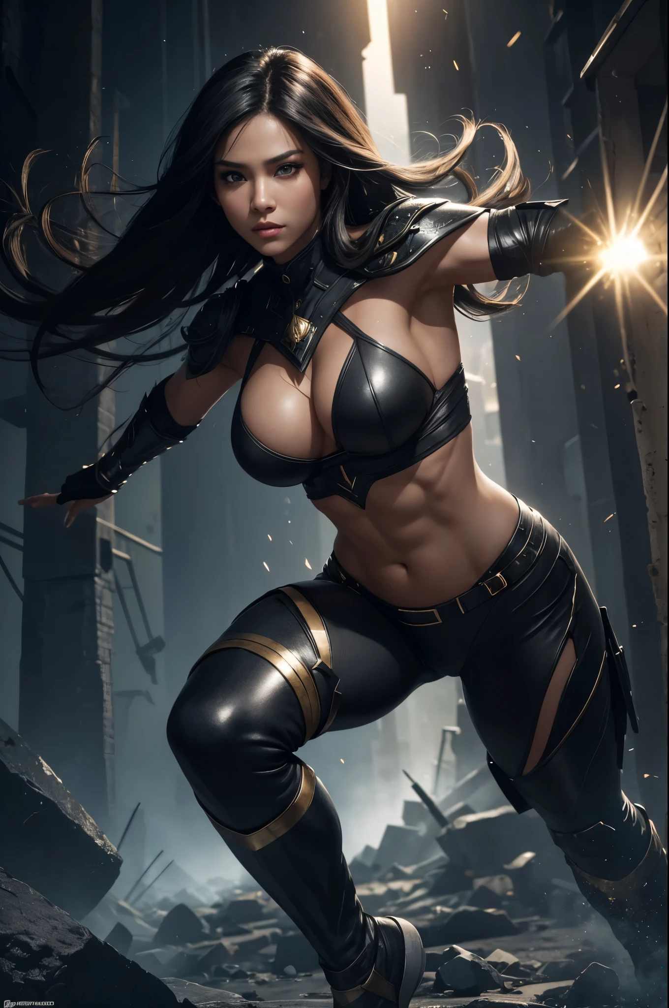 8K,黒髪のBlackの女性デーモンスレイヤー,Super Beauty(Like the real thing),セクシーなBlackのデーモンスレイヤー,Toned, muscular body,carry a long and large sword,Perfect Anatomy,charm,Volume measurement,Body balance,Digital single-lens reflex camera, Soft lighting, Detailed Background, Written boundary depth, Volumetric lighting, Sharp focus, Absurd, Realistic proportions, Excellent anatomy, (Realistic, 超Realistic:1.4), 16K HDR, dawn,A High Resolution,super Realistic 肌,Super beautiful expression,Fantasy art,Character Art,Wind effects:1.9、Cloud Effect:1.2、Full Rendering、Professional quality high resolution、Perfect contrast、Perfect lighting、Perfect composition、Perfect Skin、Perfect Fingers、Perfect breasts、Perfect Hair、Perfect Face、Realistic facial features,super highest quality,Slim figure,Perfect body line,Perfect hand shape,Anatomical body balance,Highly detailed face,Highly detailed eyes,Beautiful Lips,Excellent light particles,Cinema Lighting,Makeup,Ultra-high resolution,Ultra-Realistic Skin,Super Muscular Body,Hard and strong abs,and black battle costume,and black combat trousers,Combat Ready,Chaotic Battlefield,Intense Combat,Dynamic action poses,Sharp Eyes,Black,