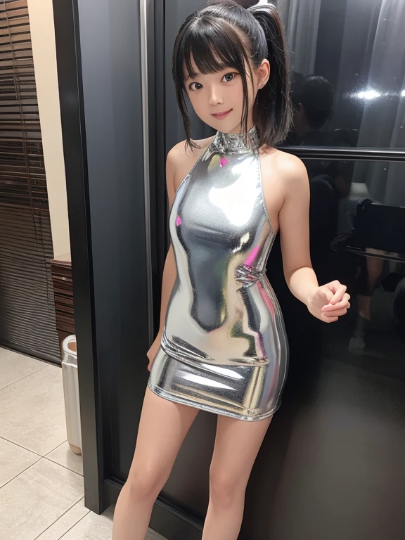 -yeld idShort Ponytail、Black Hair、Shot in a luxury hotel、Ultra-shiny metallic silver dress made from latex material、(超タイトなLatex metallic silver dress:1.5)、Very short skirt、Photographing Japanese people、Latex metallic silver dress、超反射するLatex metallic silver dress、Smiling with teeth showing、Looking into the camera、Professional photography、Full body photography