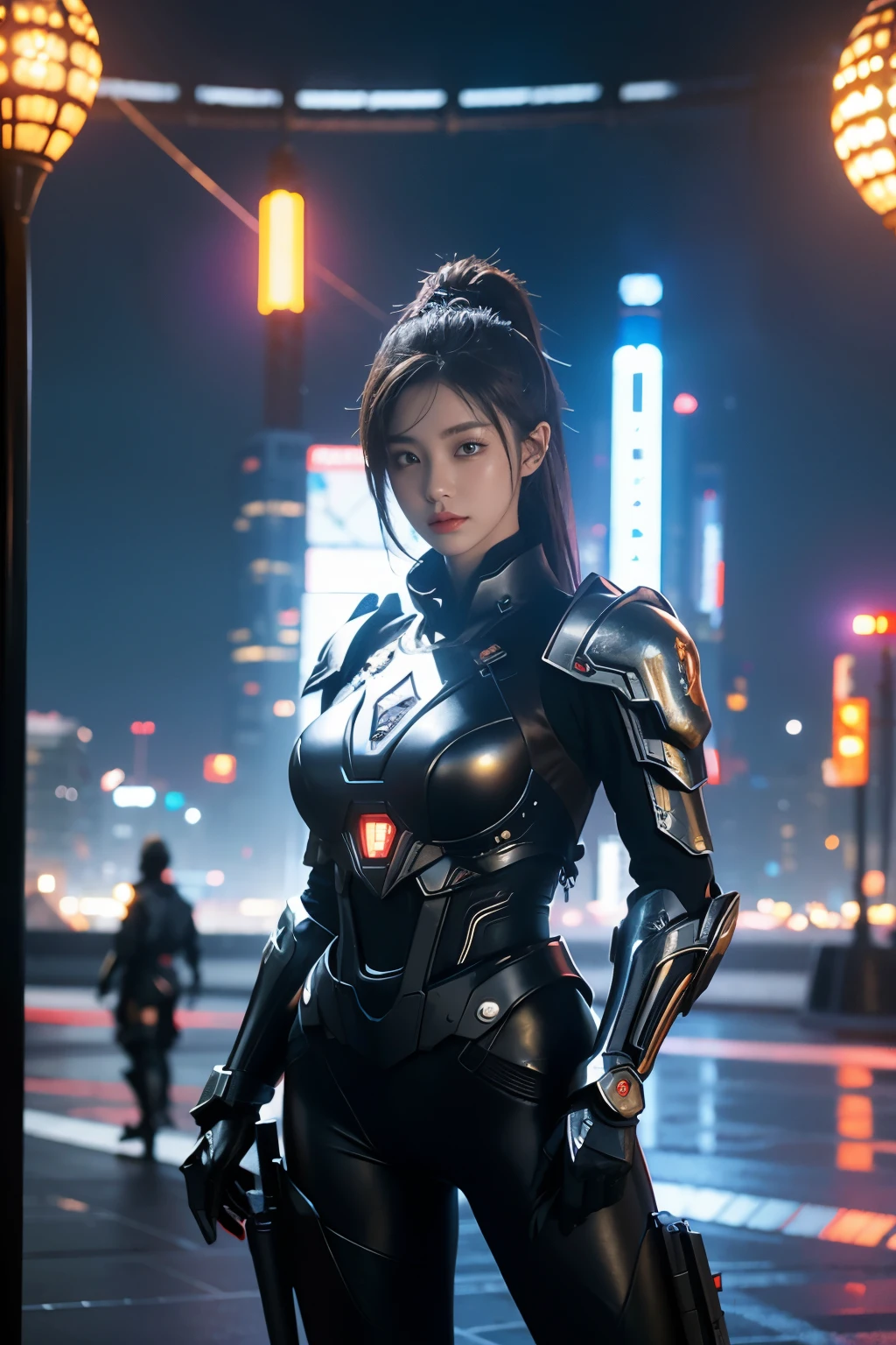 Game Art,Best image quality,Maximum resolution,8K,((A bust photo)),((portrait)),(Rule of Thirds),Unreal Engine 5 rendering works, (Future girl),(Female Warrior), 22 year old young hacker),(Oriental hairstyle),(Beautiful eyes full of details),(Large Breasts),(Eyeshadow),Elegant and charming,indifferent,((frown)),(Combat uniforms full of futuristic technology,This costume combines futuristic power armor and,Clothing is decorated with glittering patterns and emblems),cyberpunk characters,in the style of futuristic, Photo poses,City background,lamp,Ray Tracing,Game CG,((3D Unreal Engine)),OC rendering reflection mode